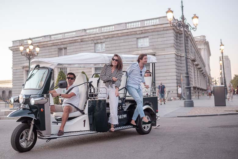 Enjoying the tuk tuk tour of Madrid